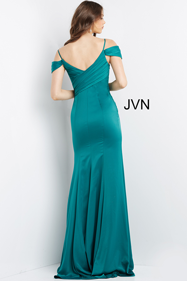 JVN08414 Emerald Pleated Bodice V Neck Prom Dress
